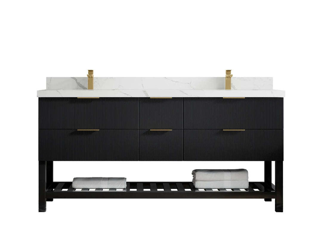 Catalina 72 in. W x 22 in. D Double Sink Bathroom Vanity in Black with 2 in Calacatta Laza Quartz Countertop