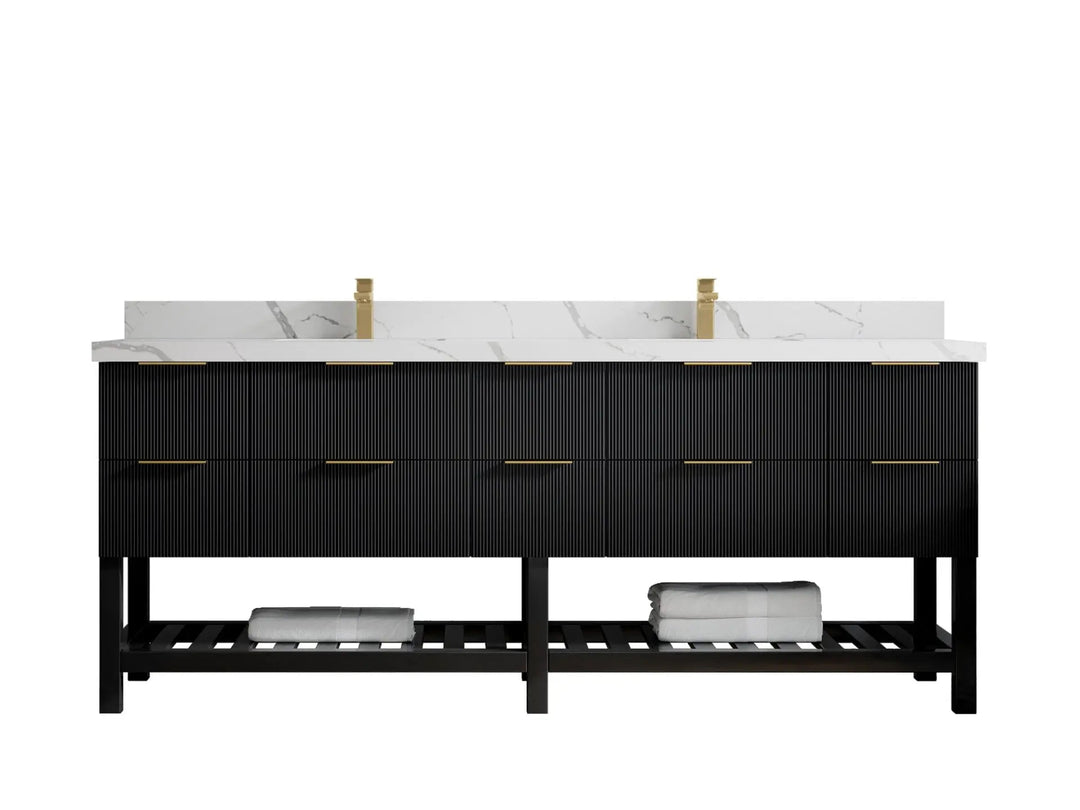 Catalina 84 in. W x 22 in. D Double Sink Bathroom Vanity in Black with 2 in Calacatta Laza Quartz Countertop