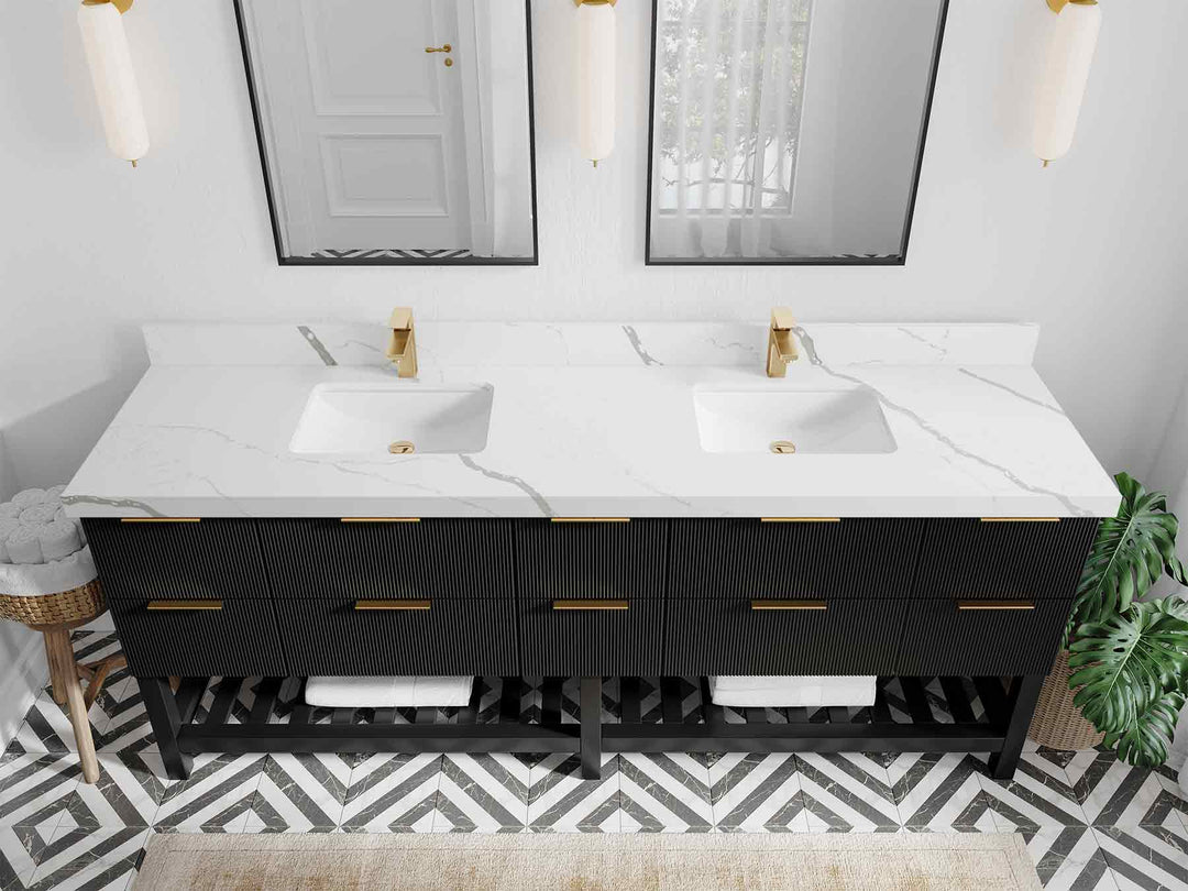 Catalina 84 in. W x 22 in. D Double Sink Bathroom Vanity in Black with 2 in Calacatta Laza Quartz Countertop - Top View