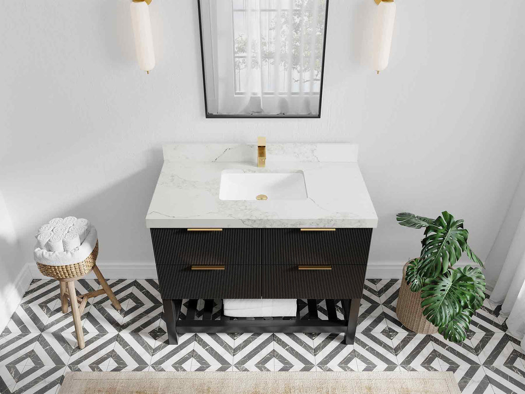 Catalina 42 in. W x 22 in. D Single Sink Bathroom Vanity in Black with 2 in Calacatta Nuvo Quartz Countertop Top View