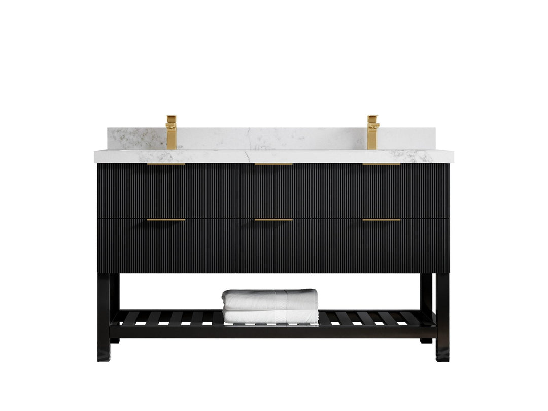 Catalina 60 in. W x 22 in. D Double Sink Bathroom Vanity in Black with 2 in Calacatta Nuvo Quartz Countertop