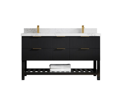Catalina 60 in. W x 22 in. D Double Sink Bathroom Vanity in Black with 2 in Calacatta Nuvo Quartz Countertop