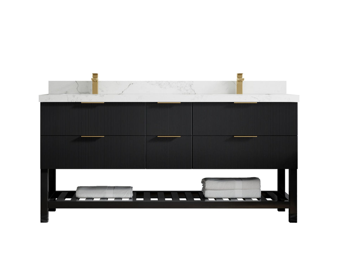 Catalina 72 in. W x 22 in. D Double Sink Bathroom Vanity in Black with 2 in Calacatta Nuvo Quartz Countertop
