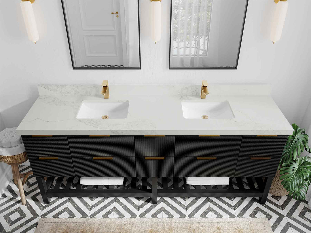 Catalina 84 in. W x 22 in. D Double Sink Bathroom Vanity in Black with 2 in Calacatta Nuvo Quartz Countertop - Top View