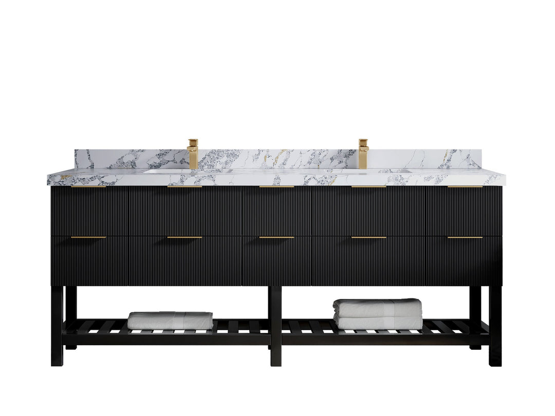 Catalina 84 in. W x 22 in. D Double Sink Bathroom Vanity in Black with 2 in Calacatta Poanazzo Quartz Countertop