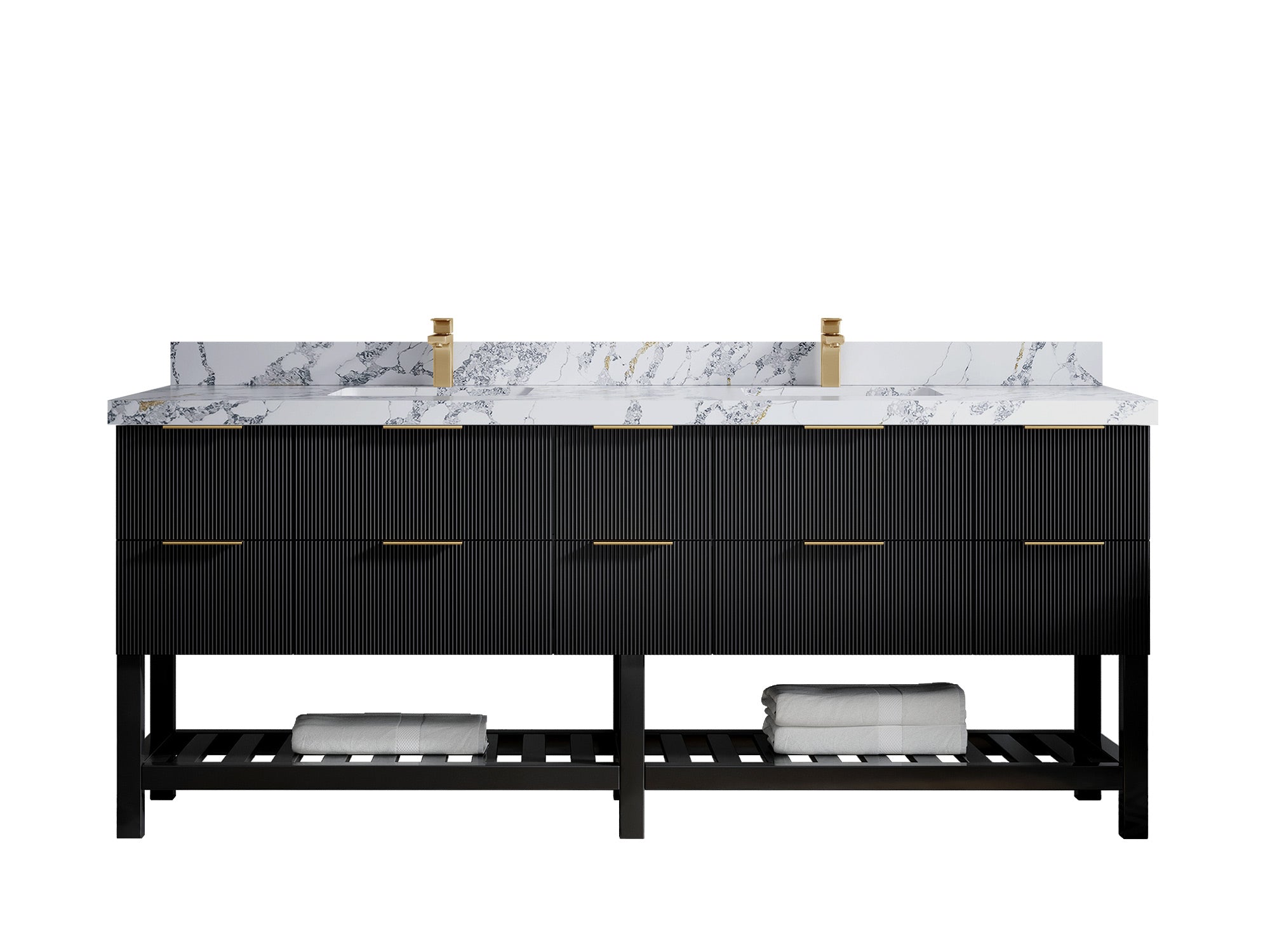 Catalina 84 in. W x 22 in. D Double Sink Bathroom Vanity in Black with 2 in Calacatta Poanazzo Quartz Countertop