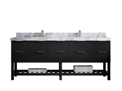 Catalina 84 in. W x 22 in. D Double Sink Bathroom Vanity in Black with 2 in Calacatta Poanazzo Quartz Countertop
