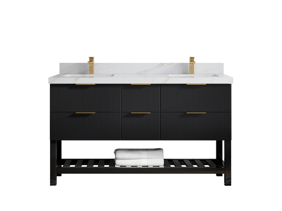 Catalina 60 in. W x 22 in. D Double Sink Bathroom Vanity in Black with 2 in Calacatta Sienna Quartz Countertop