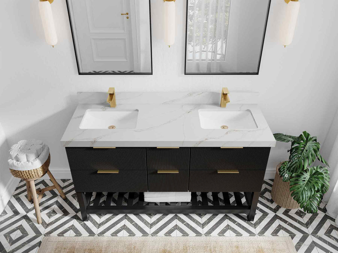 Catalina 60 in. W x 22 in. D Double Sink Bathroom Vanity in Black with 2 in Calacatta Sienna Quartz Countertop - Top View