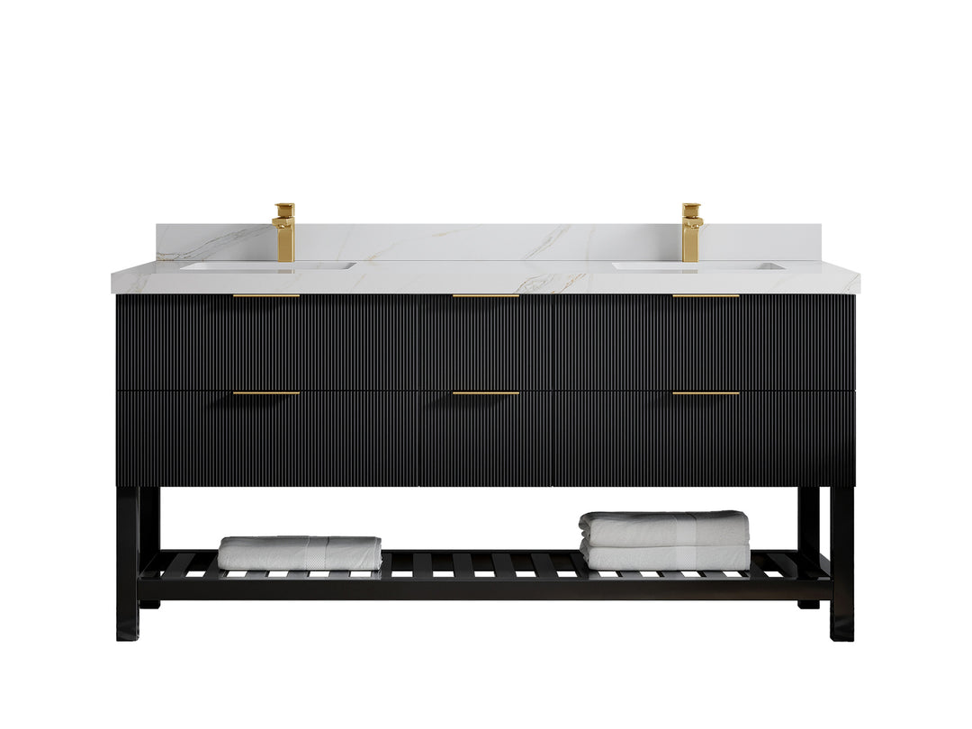 Catalina 72 in. W x 22 in. D Double Sink Bathroom Vanity in Black with 2 in Calacatta Sienna Quartz Countertop