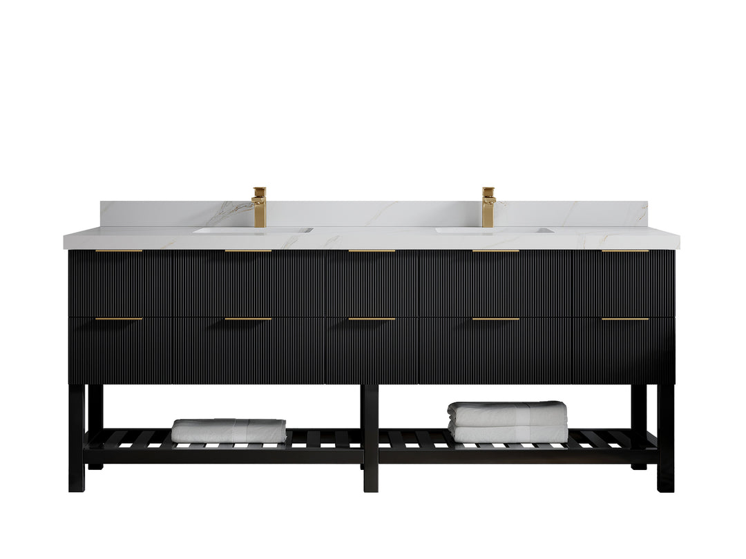 Catalina 84 in. W x 22 in. D Double Sink Bathroom Vanity in Black with 2 in Calacatta Sienna Quartz Countertop