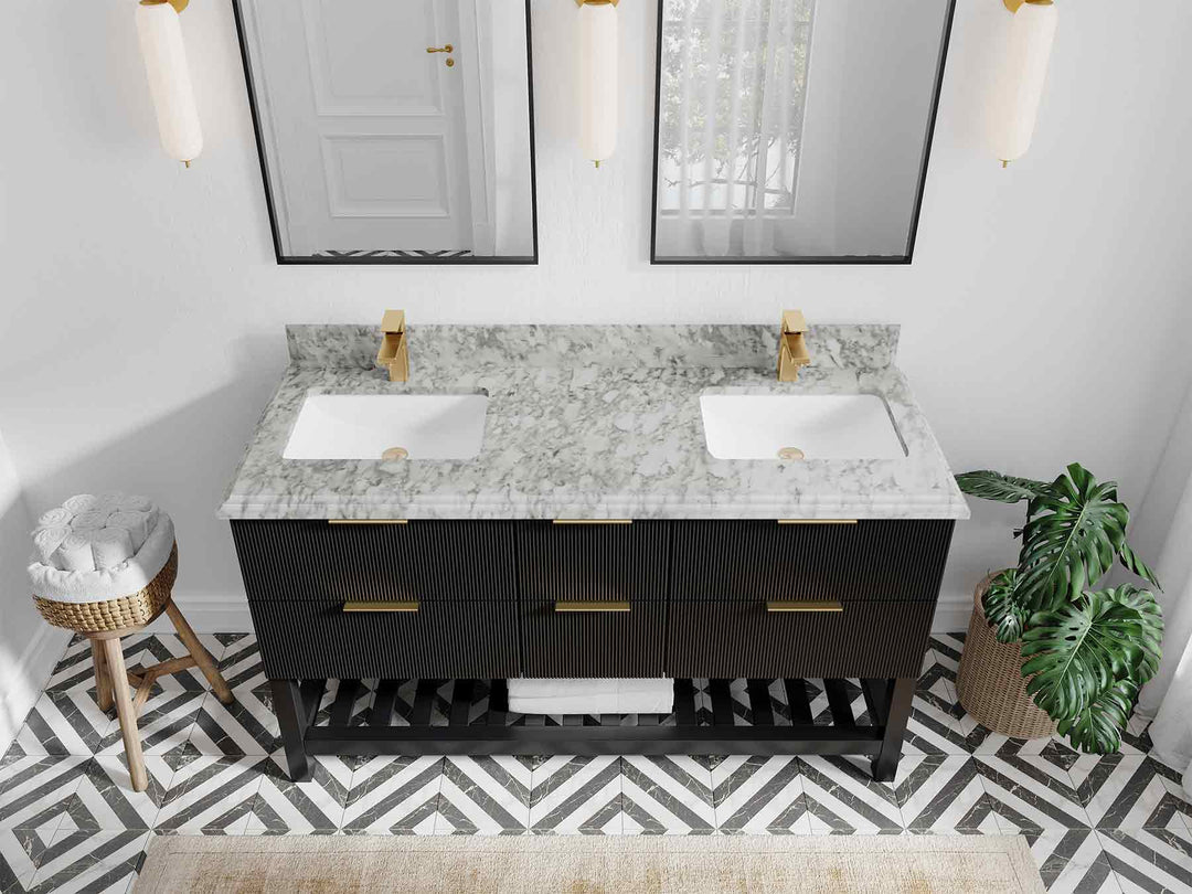 Catalina 60 in. W x 22 in. D Double Sink Bathroom Vanity in White with 1.5 in Double Cove Edge Carrara Marble Countertop- Top View