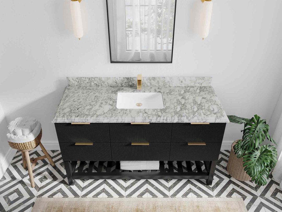 Catalina 60 in. W x 22 in. D Single Sink Bathroom Vanity in Black with 1.5 in Double Cove Edge Carrara Marble Countertop- Top View