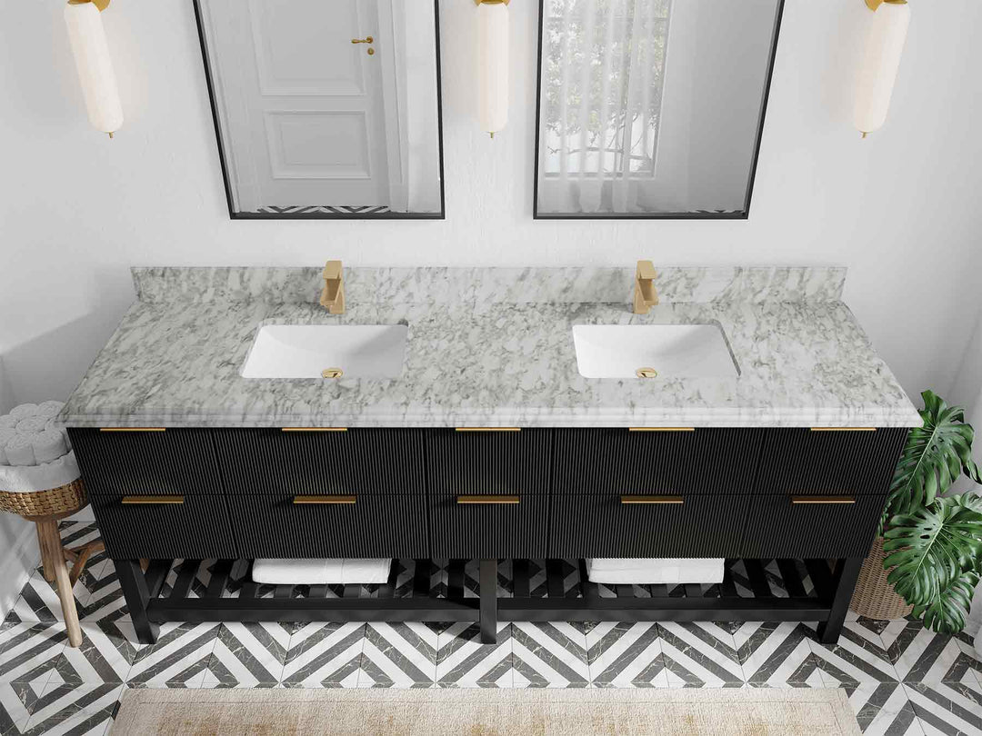 Catalina 84 in. W x 22 in. D Double Sink Bathroom Vanity in Black with 1.5 in Double Cove Edge Carrara Marble Countertop - Top View