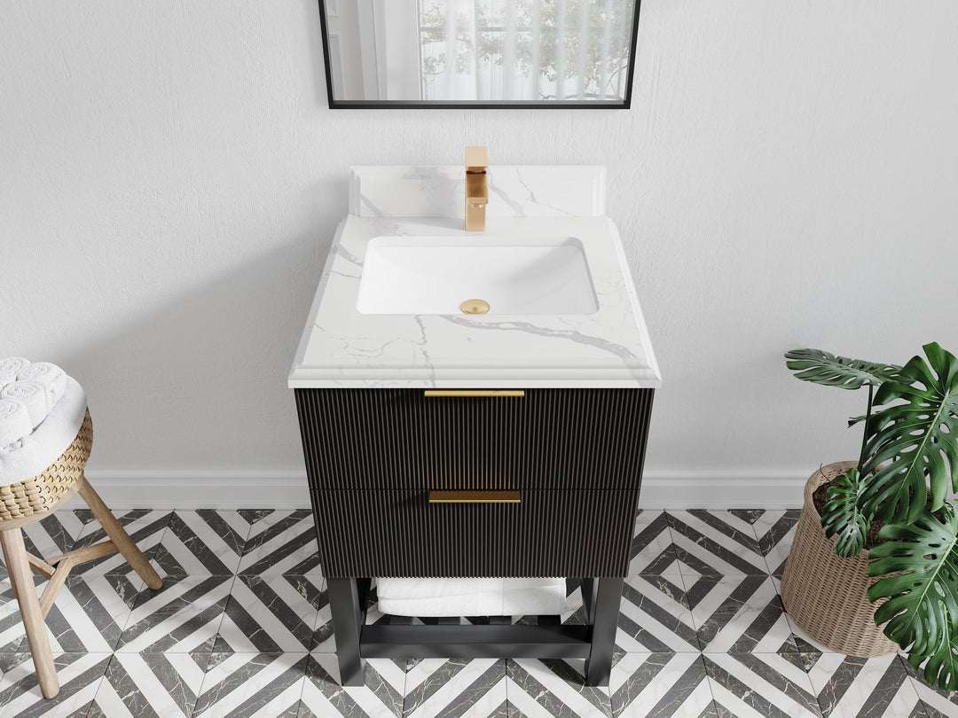 Catalina 24 in. W x 22 in. D Single Sink Bathroom Vanity in Black with 1.5 in Double Cove Edge Calacatta Laza Quartz Countertop - Top View