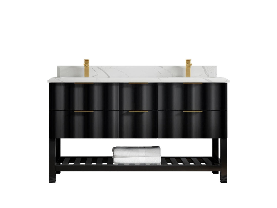 Catalina 60 in. W x 22 in. D Double Sink Bathroom Vanity in Black with 1.5 in Double Cove Edge Calacatta Laza Quartz Countertop