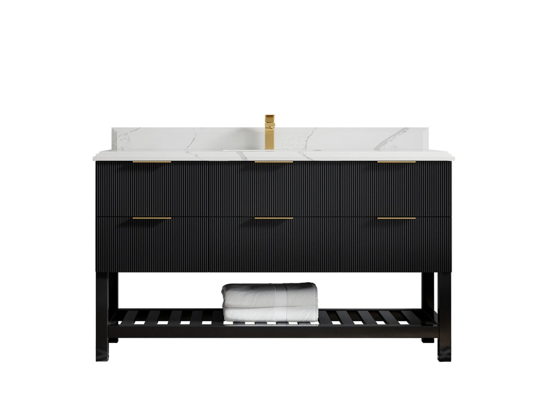 Catalina 60 in. W x 22 in. D Single Sink Bathroom Vanity in Black with 1.5 in Double Cove Edge Calacatta Laza Quartz Countertop
