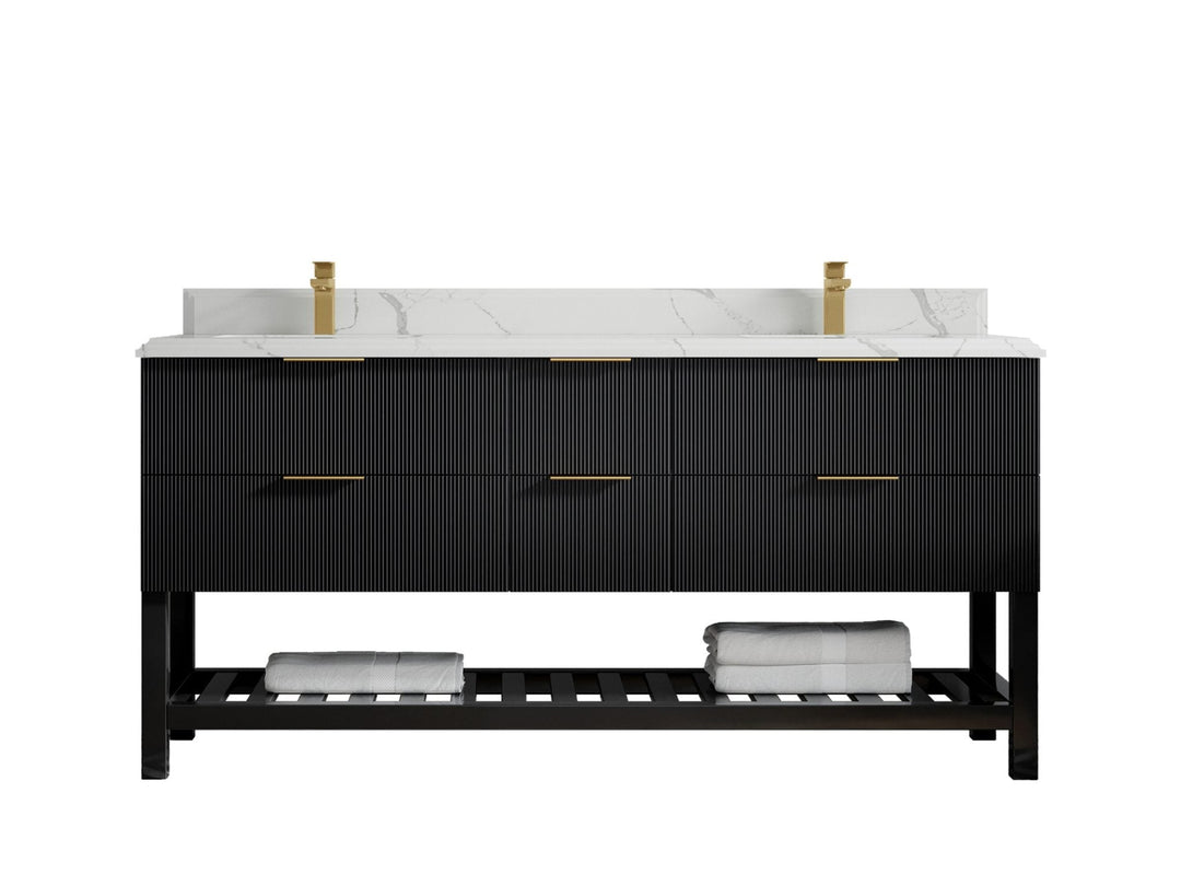 Catalina 72 in. W x 22 in. D Double Sink Bathroom Vanity in Black with 1.5 in Double Cove Edge Calacatta Laza Quartz Countertop 
