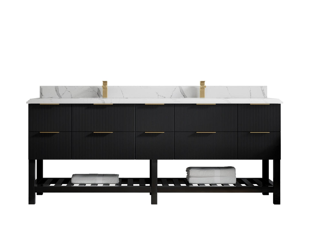 Catalina 84 in. W x 22 in. D Double Sink Bathroom Vanity in Black with 1.5 in Double Cove Edge Calacatta Laza Quartz Countertop 