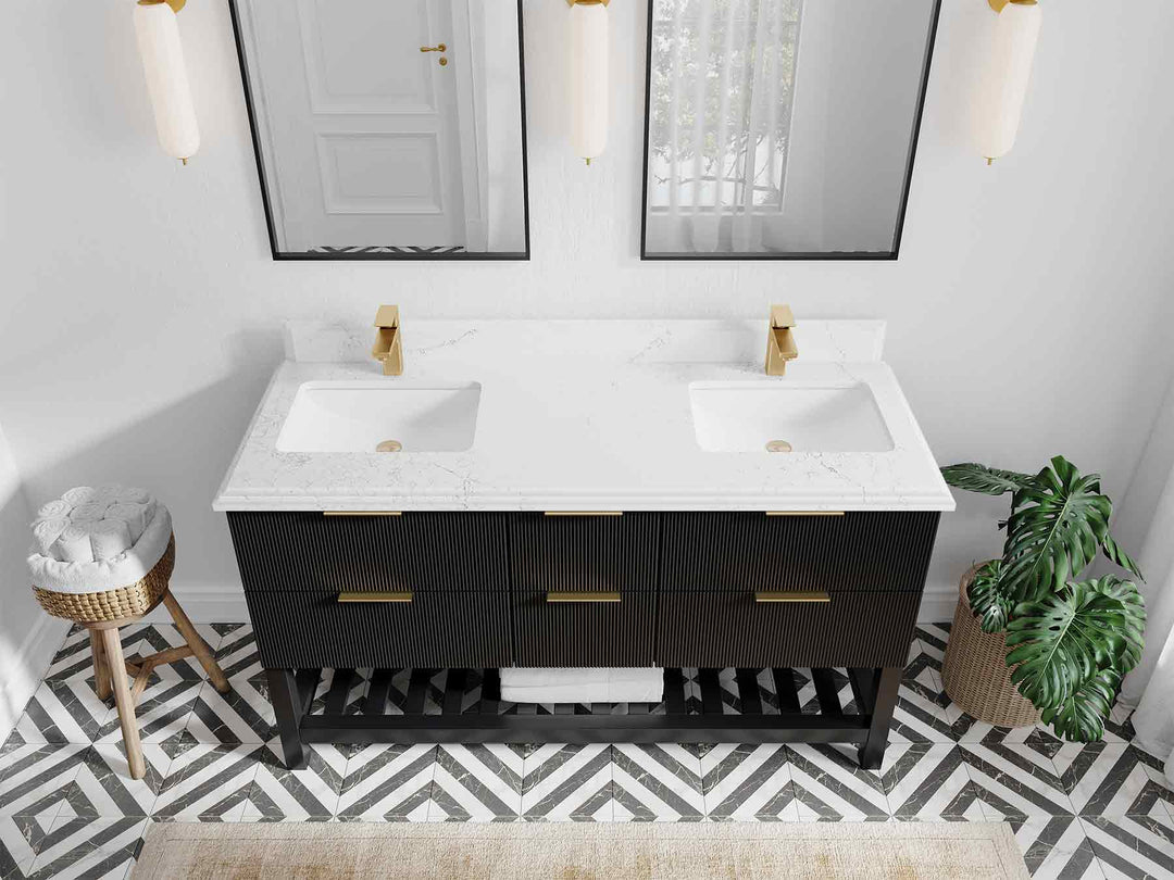 Catalina 60 in. W x 22 in. D Double Sink Bathroom Vanity in Black with 1.5 in Double Cove Edge Empira Quartz Countertop Top View