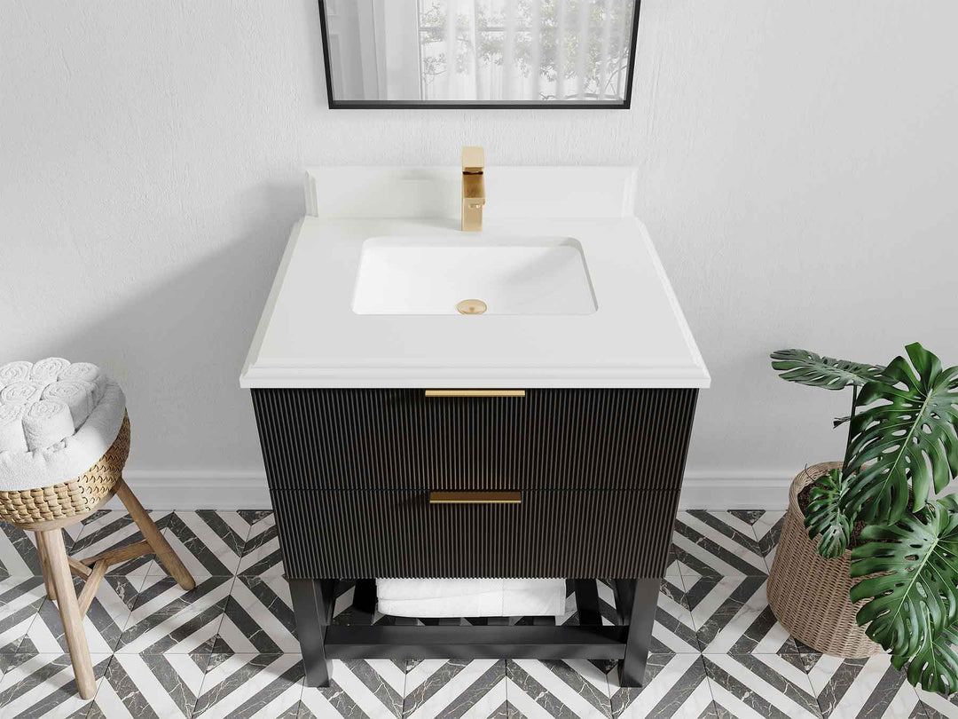 Catalina 30 in. W x 22 in. D Single Sink Bathroom Vanity in Black with 1.5 in Double Cove Edge White Quartz Countertop - Top View
