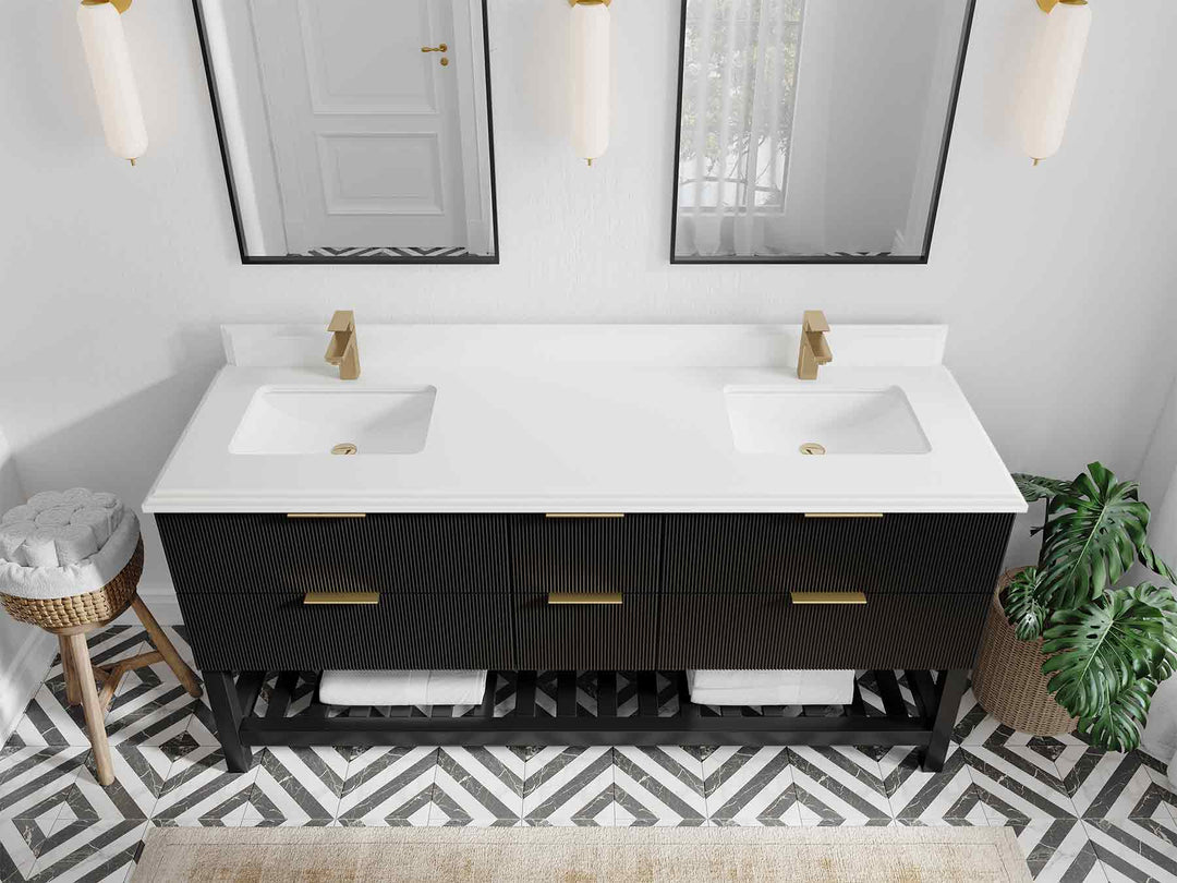 Catalina 72 in. W x 22 in. D Double Sink Bathroom Vanity in Black with 1.5 in Double Cove Edge White Quartz Countertop - Top View