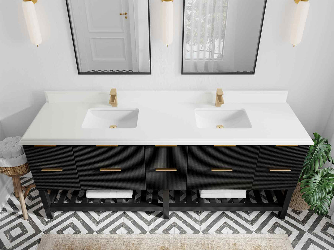 Catalina 84 in. W x 22 in. D Double Sink Bathroom Vanity in Black with 1.5 in Double Cove Edge White Quartz Countertop - Top View