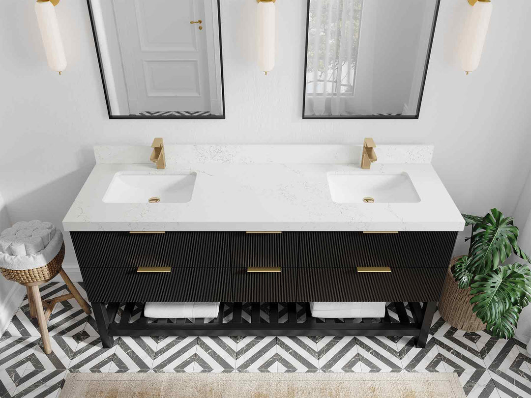 Catalina 72 in. W x 22 in. D Double Sink Bathroom Vanity in Black with 2 in Empira Quartz Countertop - Top View