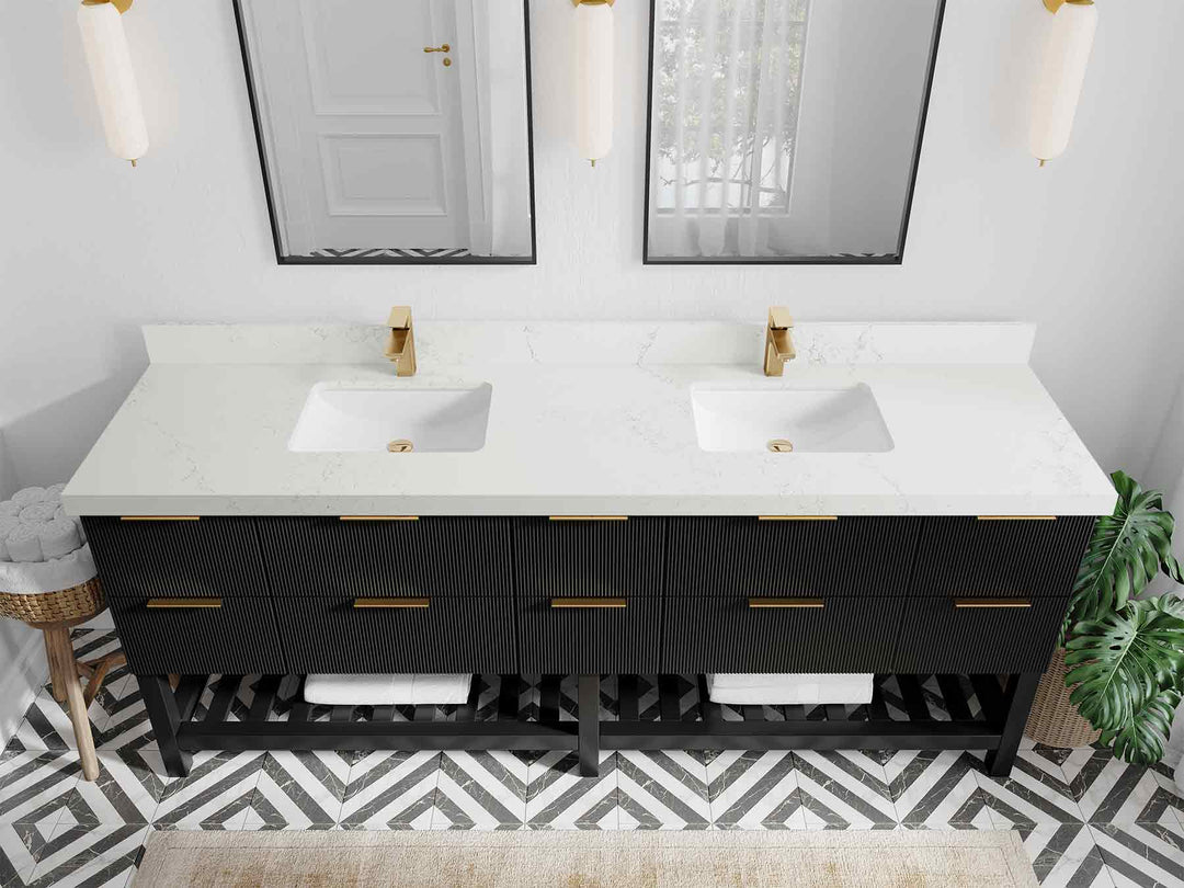 Catalina 84 in. W x 22 in. D Double Sink Bathroom Vanity in Black with 2 in Empira Quartz Countertop - Top View