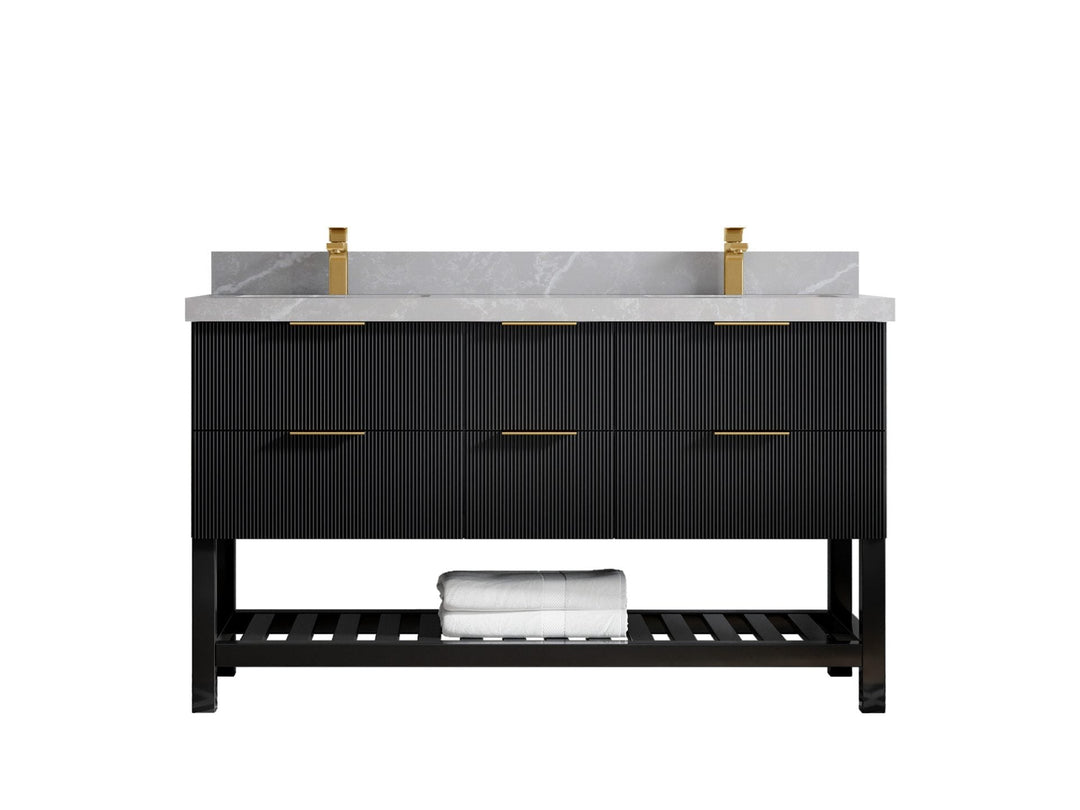 Catalina 60 in. W x 22 in. D Double Sink Bathroom Vanity in Black with 2 in Pearl Light Gray Quartz Countertop