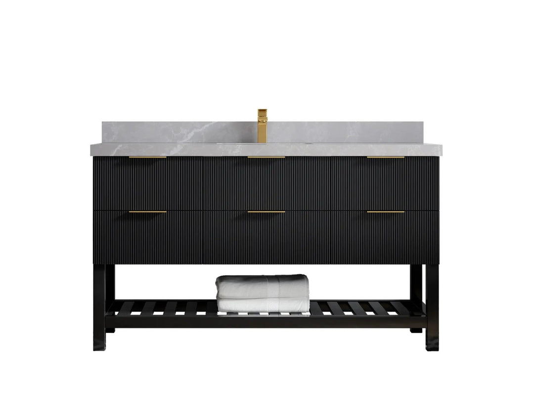 Catalina 60 in. W x 22 in. D Single Sink Bathroom Vanity in Black with 2 in Pearl Light Gray Quartz Countertop