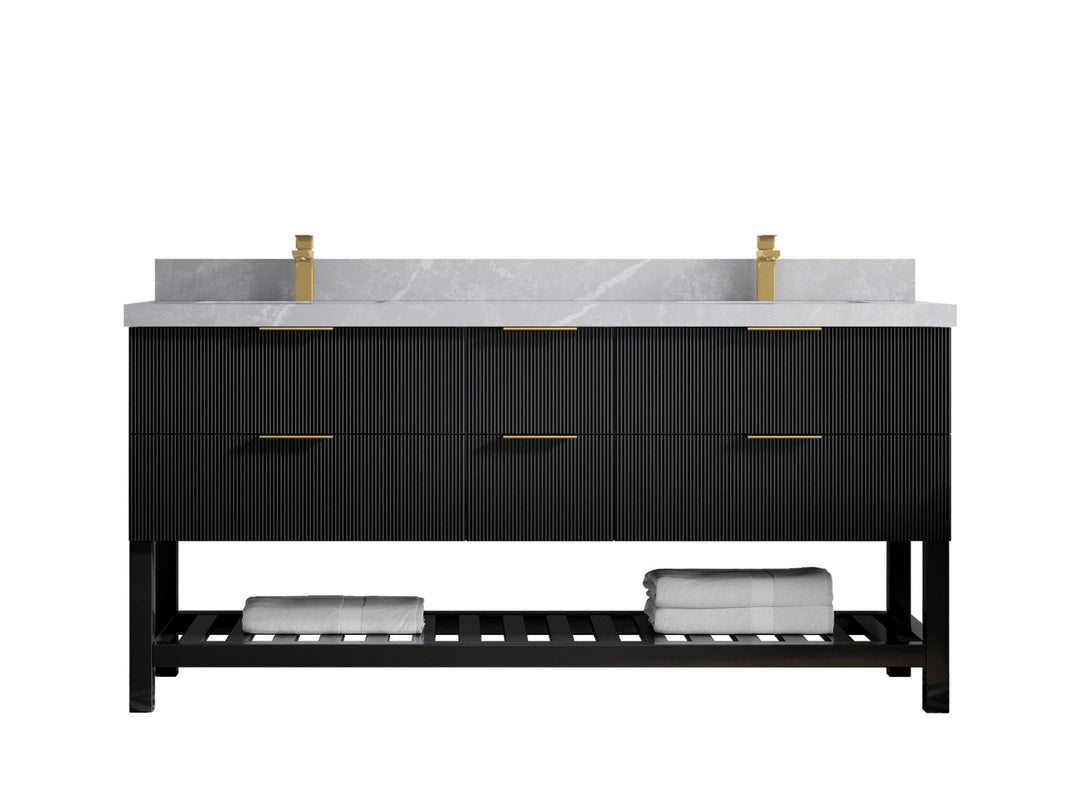 Catalina 72 in. W x 22 in. D Double Sink Bathroom Vanity in Black with 2 in Pearl Light Gray Quartz Countertop