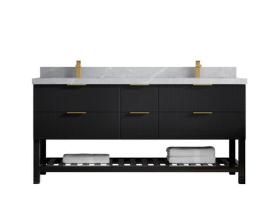 Catalina 72 in. W x 22 in. D Double Sink Bathroom Vanity in Black with 2 in Pearl Light Gray Quartz Countertop