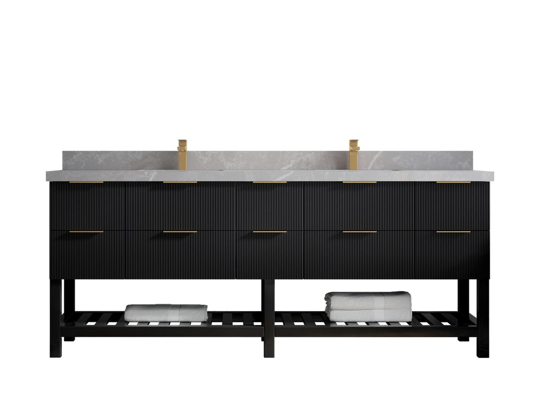 Catalina 84 in. W x 22 in. D Double Sink Bathroom Vanity in Black with 2 in Pearl Light Gray Quartz Countertop