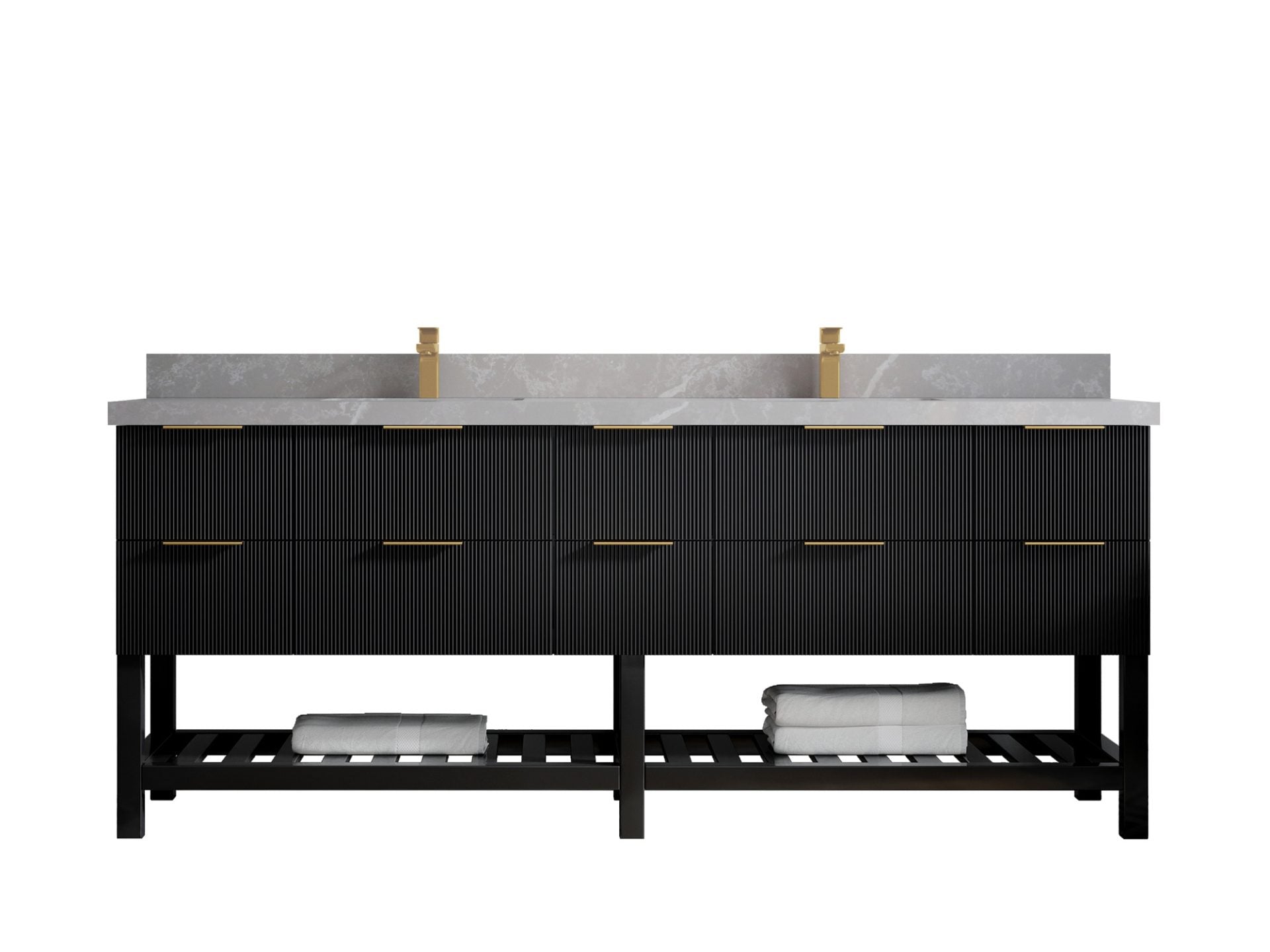 Catalina 84 in. W x 22 in. D Double Sink Bathroom Vanity in Black with 2 in Pearl Light Gray Quartz Countertop