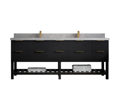 Catalina 84 in. W x 22 in. D Double Sink Bathroom Vanity in Black with 2 in Pearl Light Gray Quartz Countertop