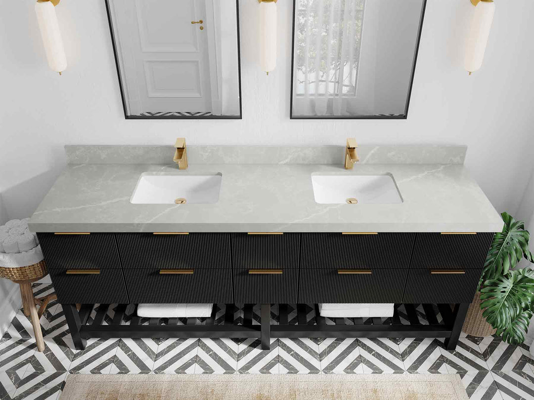Catalina 84 in. W x 22 in. D Double Sink Bathroom Vanity in Black with 2 in Pearl Light Gray Quartz Countertop - Top View