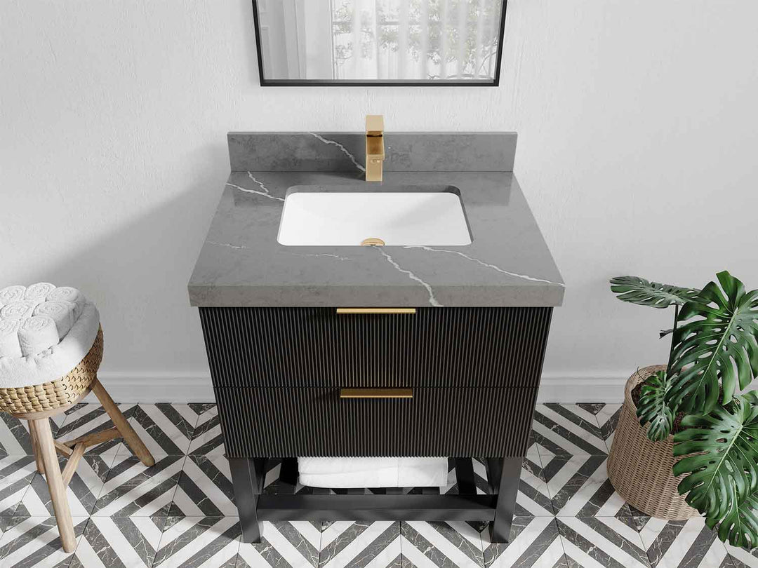 Catalina 30 in. W x 22 in. D Single Sink Bathroom Vanity in Black with 2 in Piatra Gray Quartz Countertop - Top View