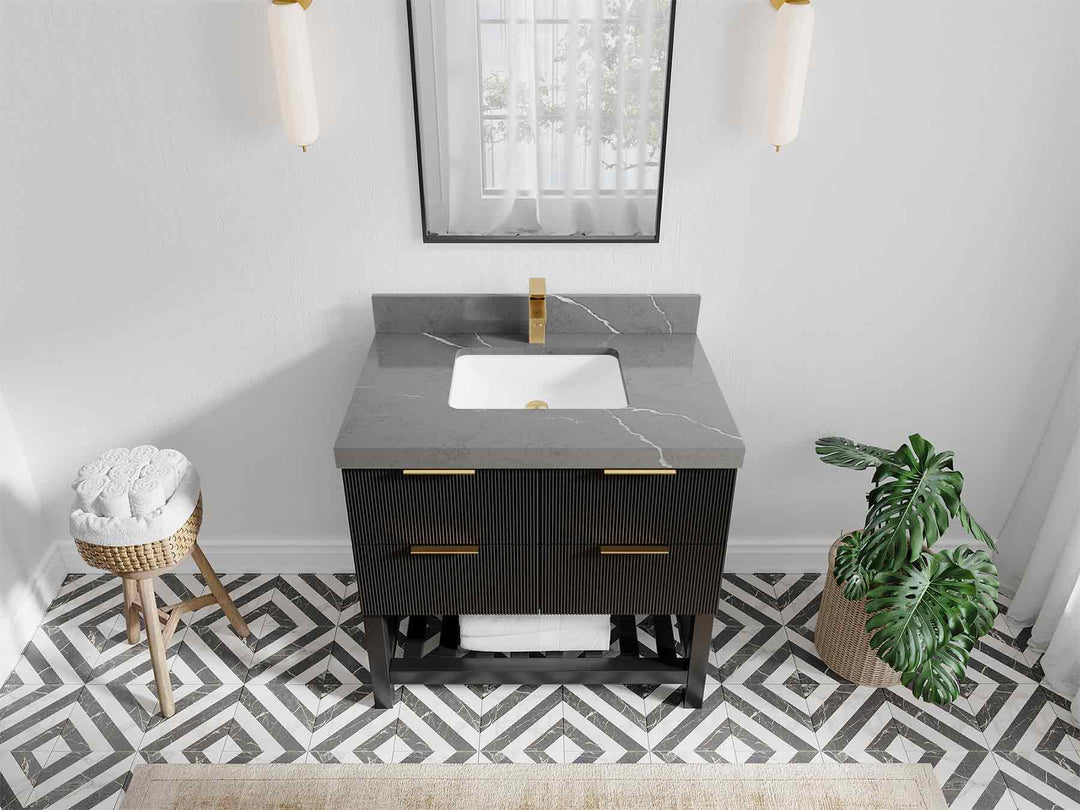 Catalina 36 in. W x 22 in. D Single Sink Bathroom Vanity in Black with 2 in Piatra Gray Quartz Countertop - Top View