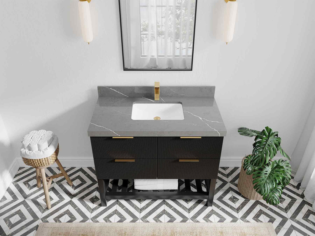 Catalina 42 in. W x 22 in. D Single Sink Bathroom Vanity in Black with 2 in Piatra Gray Quartz Countertop Top View