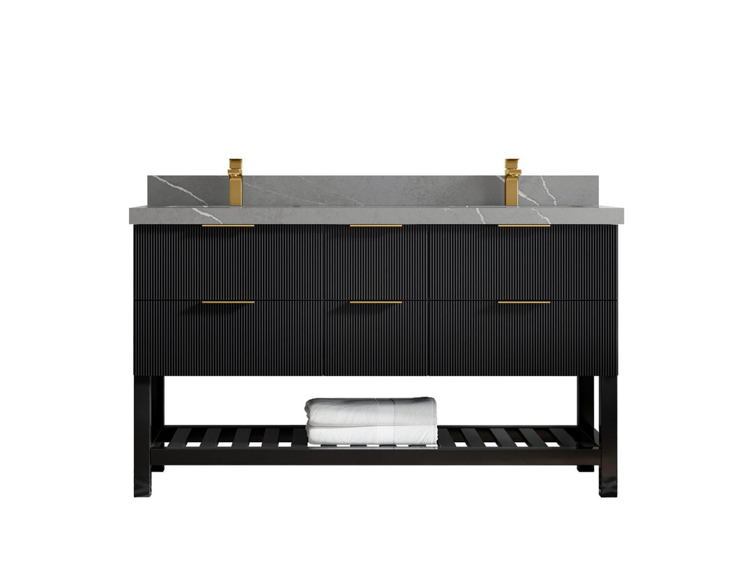 Catalina 60 in. W x 22 in. D Double Sink Bathroom Vanity in Black with 2 in Piatra Gray Quartz Countertop