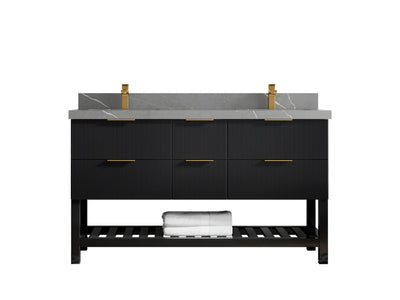 Catalina 60 in. W x 22 in. D Double Sink Bathroom Vanity in Black with 2 in Piatra Gray Quartz Countertop