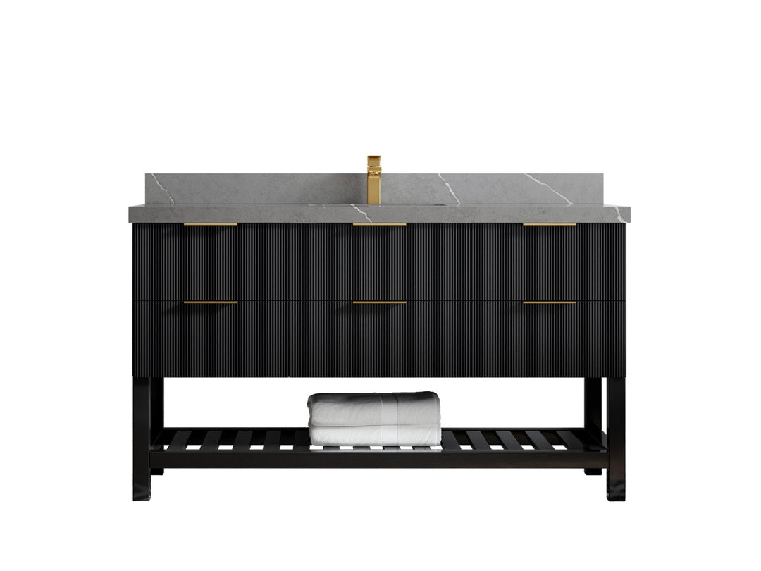Catalina 60 in. W x 22 in. D Single Sink Bathroom Vanity in Black with 2 in Piatra Gray Quartz Countertop 