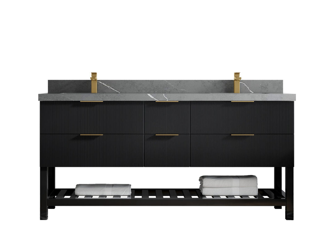 Catalina 72 in. W x 22 in. D Double Sink Bathroom Vanity in Black with 2 in Piatra Gray Quartz Countertop