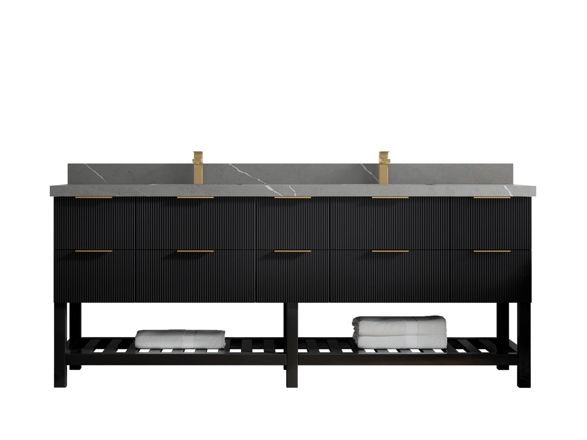Catalina 84 in. W x 22 in. D Double Sink Bathroom Vanity in Black with 2 in Piatra Gray Quartz Countertop