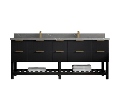 Catalina 84 in. W x 22 in. D Double Sink Bathroom Vanity in Black with 2 in Piatra Gray Quartz Countertop