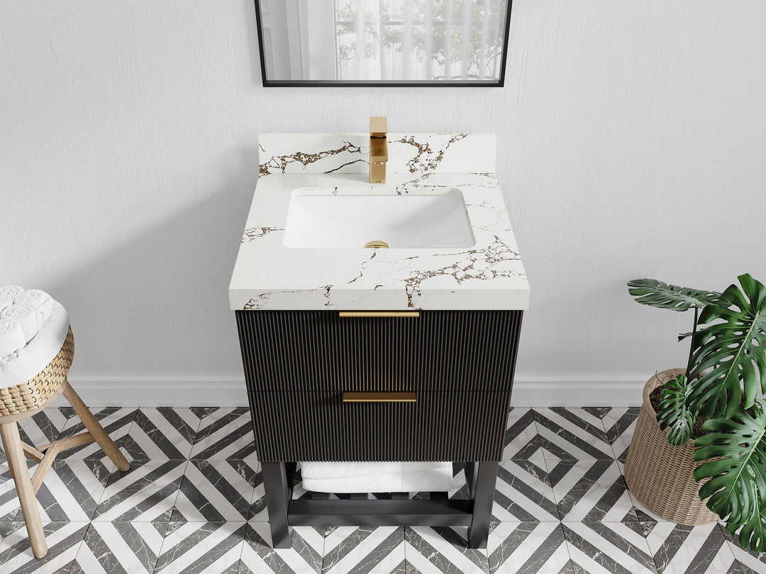 Catalina 24 in. W x 22 in. D Single Sink Bathroom Vanity in Black with 2 in Viola Brown Quartz Countertop - Top View