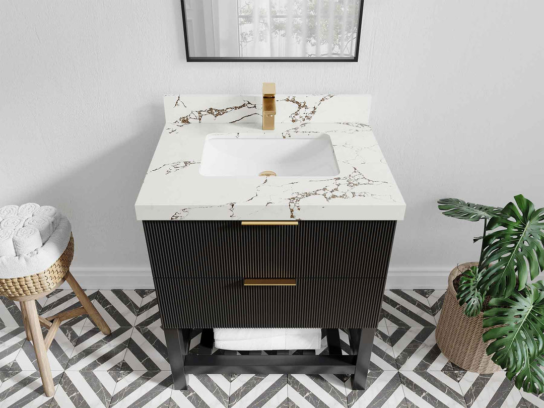 Catalina 30 in. W x 22 in. D Single Sink Bathroom Vanity in Black with 2 in Viola Brown Quartz Countertop - Top View