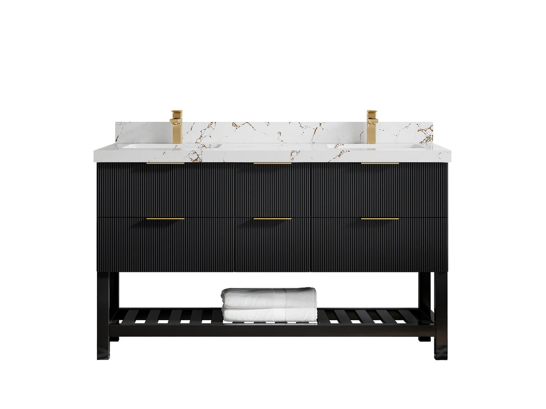 Catalina 60 in. W x 22 in. D Double Sink Bathroom Vanity in Black with 2 in Viola Brown Quartz Countertop