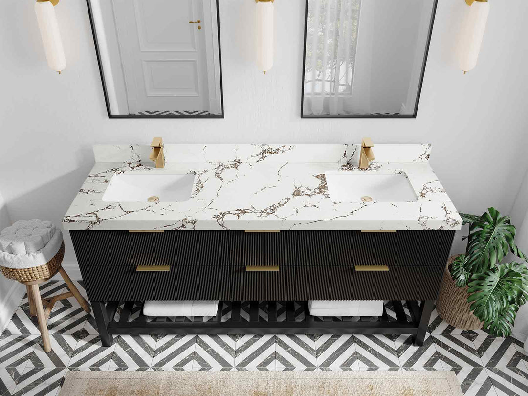 Catalina 72 in. W x 22 in. D Double Sink Bathroom Vanity in Black with 2 in Viola Brown Quartz Countertop - Top View